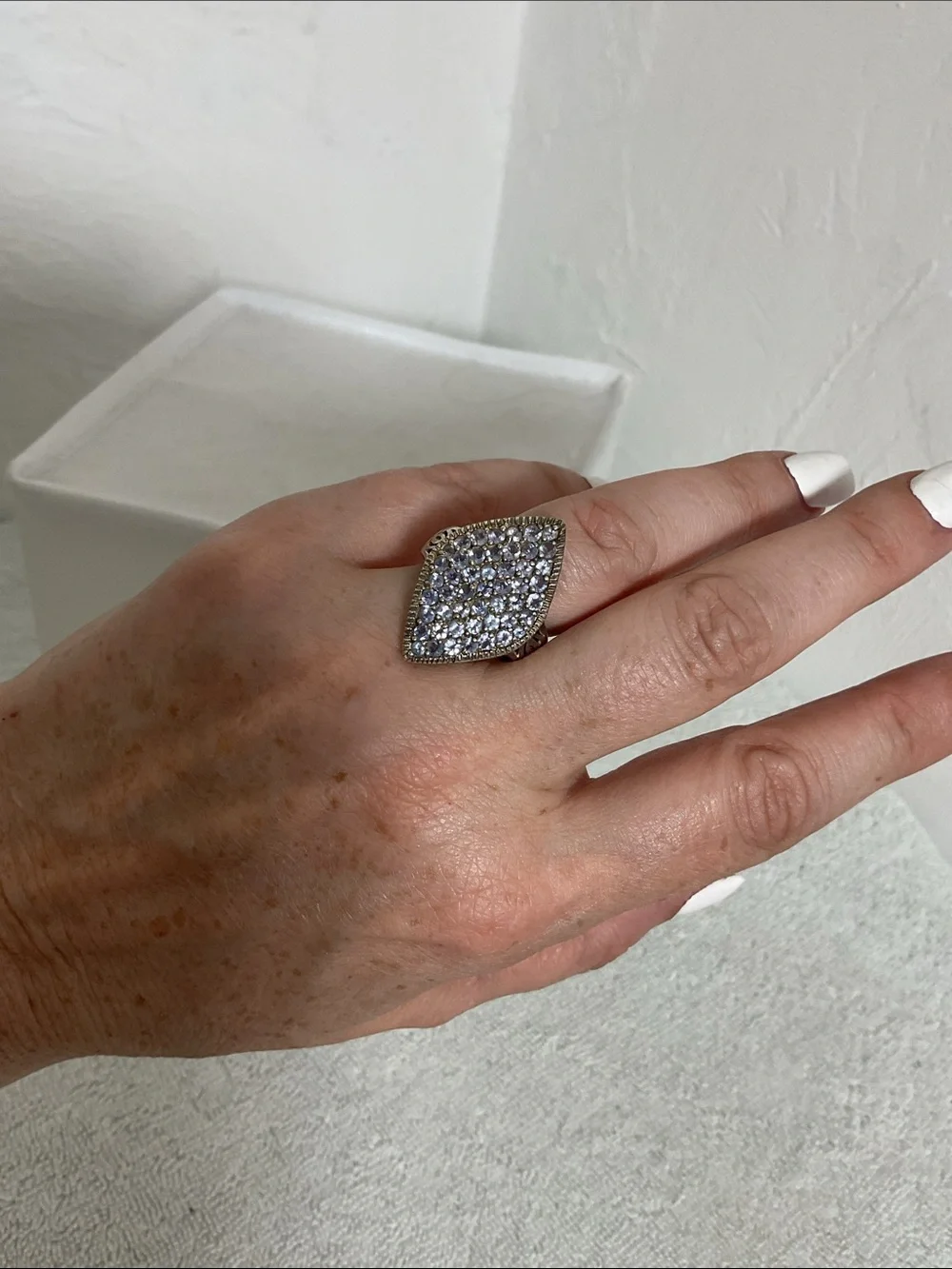 925 Sterling Silver Tanzanite Pave Marquise Shield Cluster Statement Ring Sz 7
